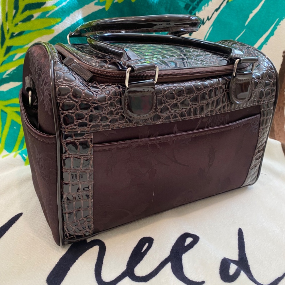 Train Case Brown Faux Embossed  Leather and Fabric